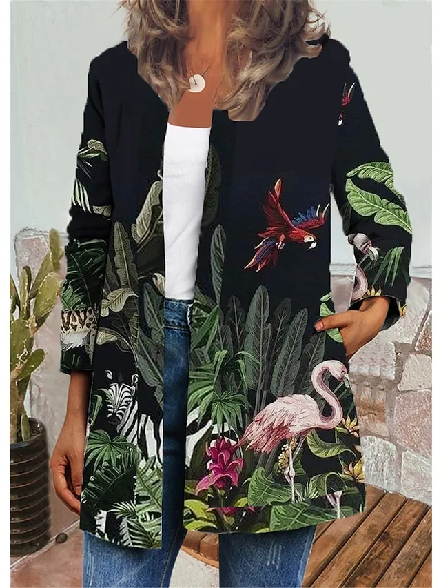 Women's Jacket Casual Jacket Daily Holiday Winter Autumn / Fall Regular Coat Round Neck V Neck Regular Fit Casual St. Patrick's Day Jacket Long Sleeve Floral Trees / Leaves Print Green Black