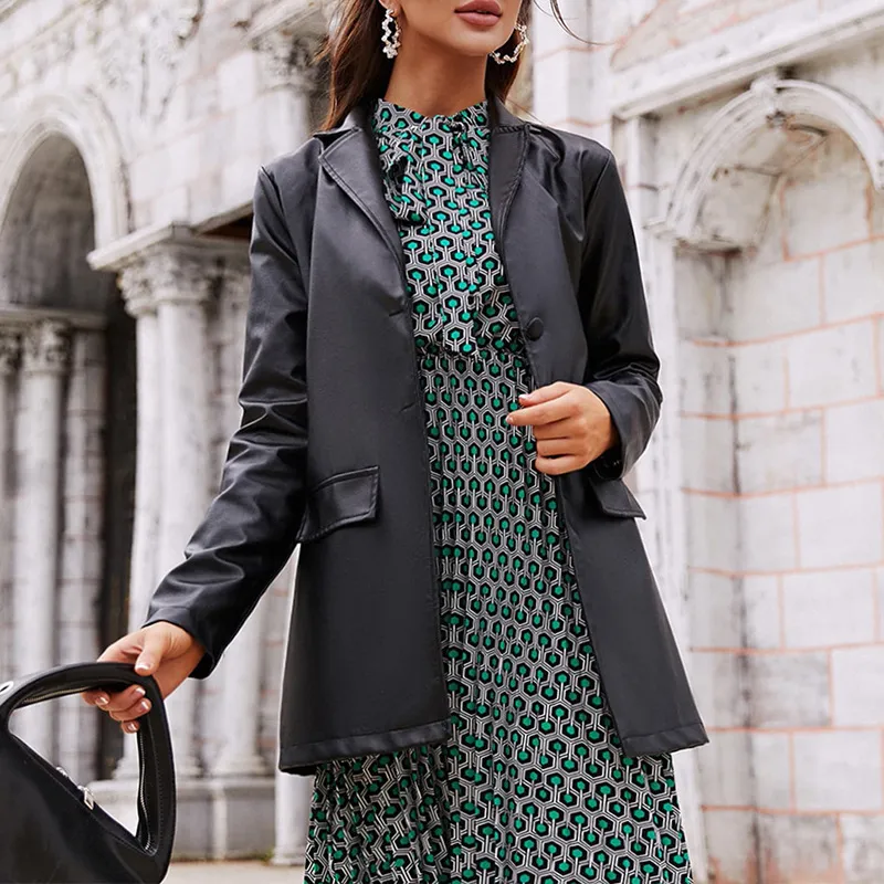 Solid Leather Front Pockets Trench Coat