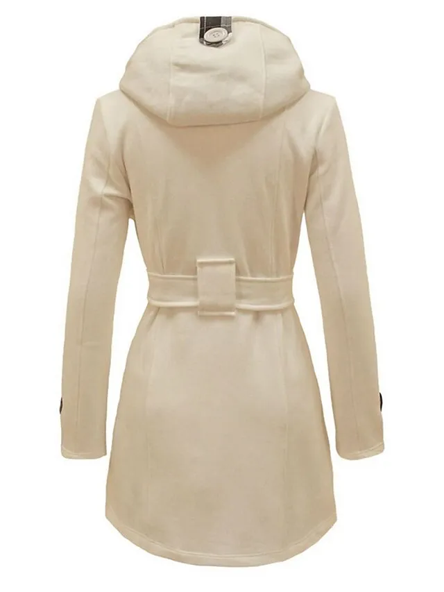 Women's Winter Coat Long Overcoat with Belt Elegant Pea Coat with Hood Double Breasted Warm Windproof Hoodie Jacket Fashion Daily Casual Outerwear Long Sleeve Black Wine Red S M L