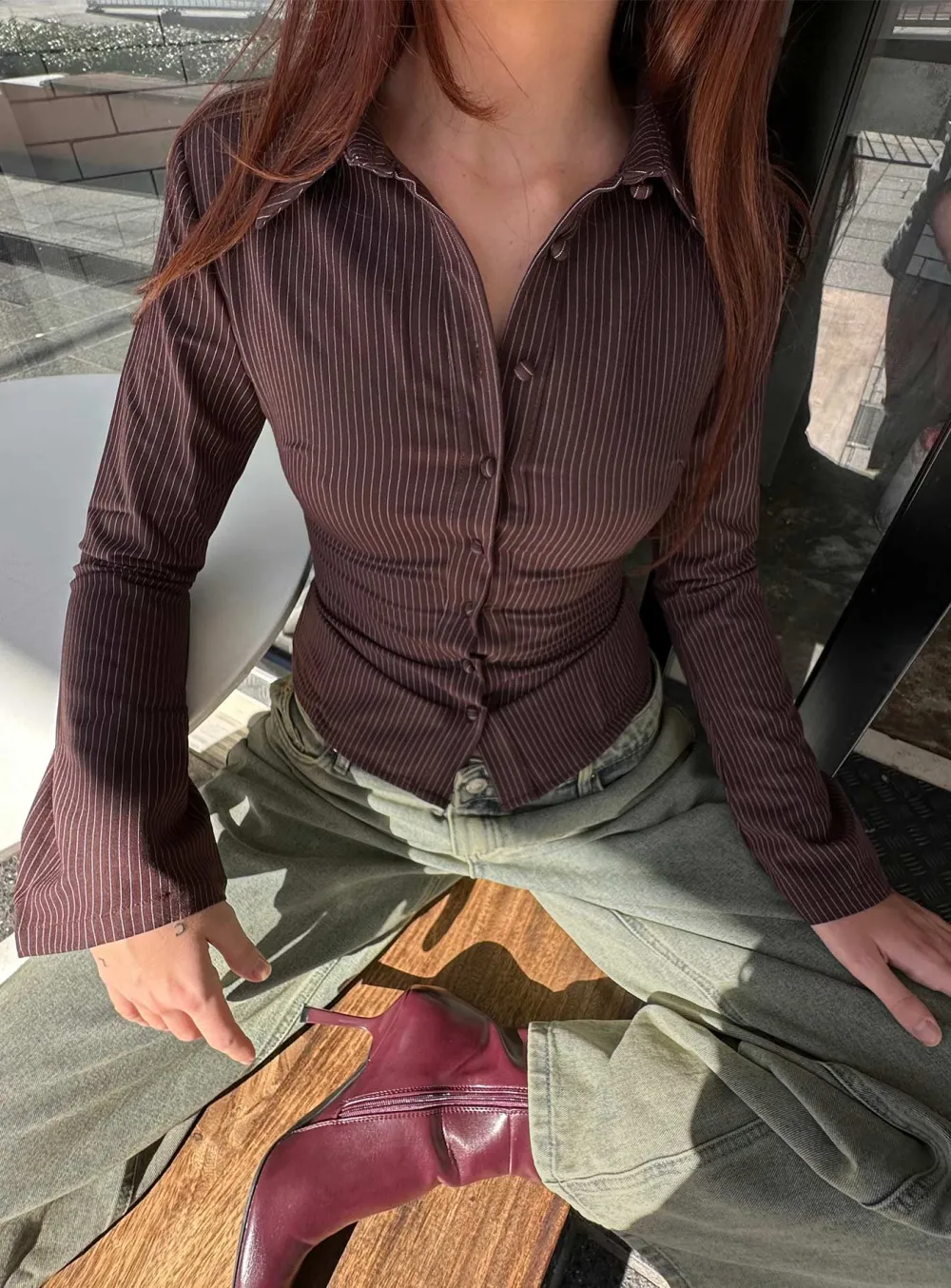 Black Pinstripe Cropped Button Up Shirt