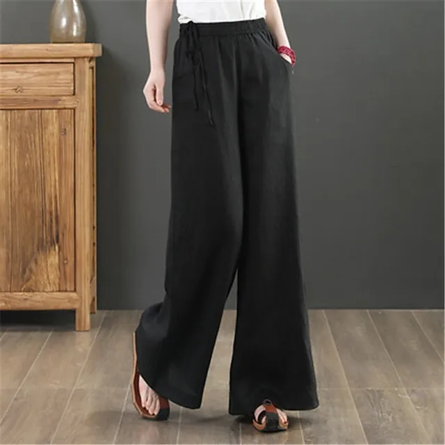 Women's Wide Leg Pants Trousers Baggy 100% Cotton Baggy Mid Waist Fashion Streetwear Office Work Black White S M Autumn / Fall Spring & Summer