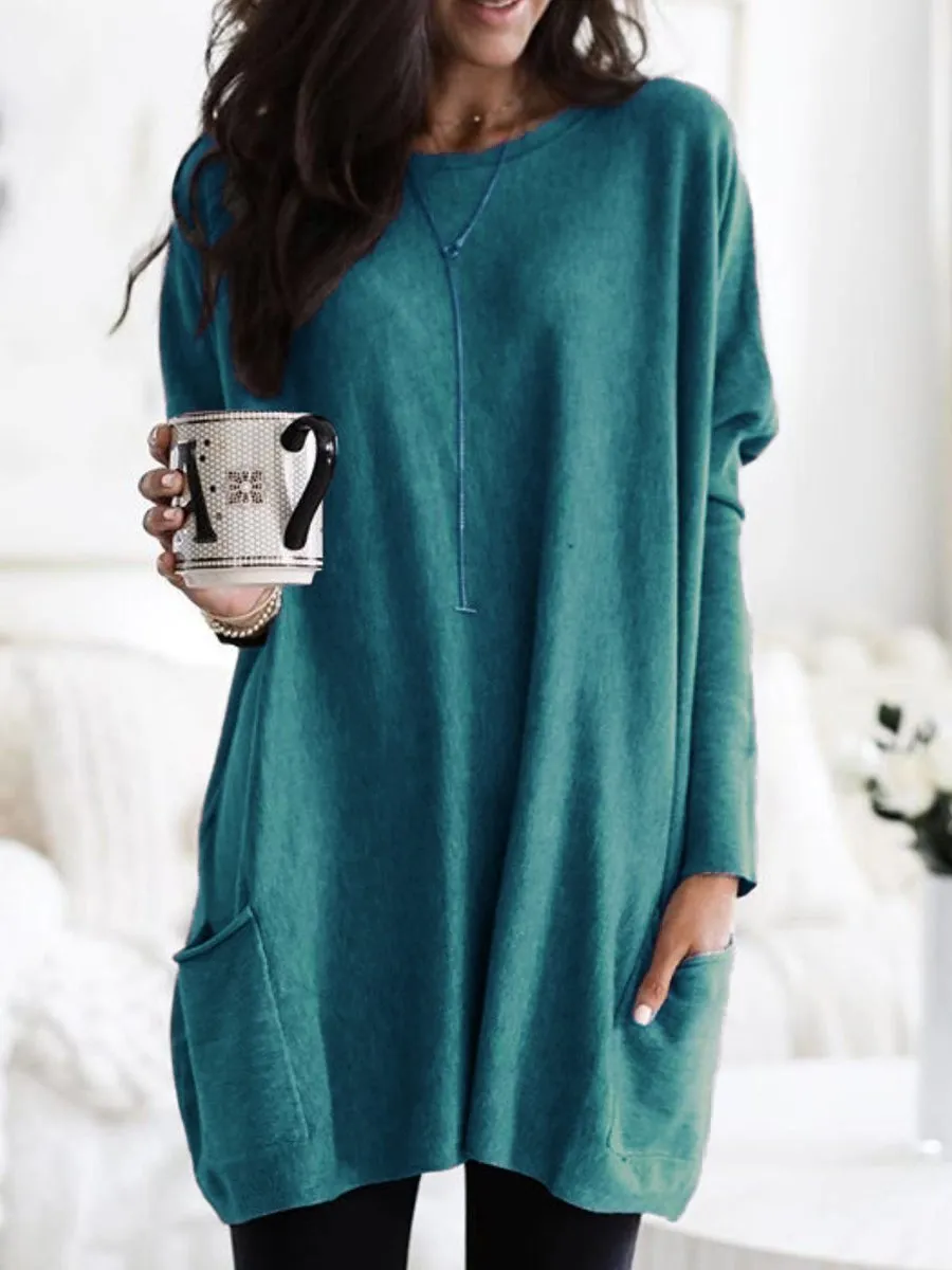 Casual Pocket Long Sleeve Round Neck T-Shirt