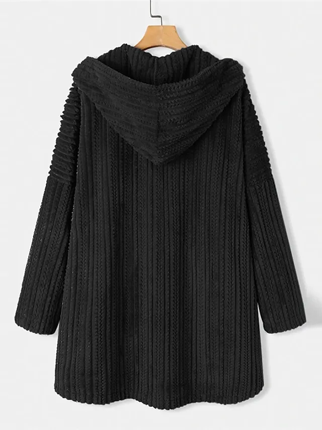 Women's Plus Size Teddy Coat Winter Coat Button Pocket Plain Outdoor Causal Long Sleeve Hoodie Regular Winter Fall Black Blue Khaki XL XXL 3XL 4XL 5XL