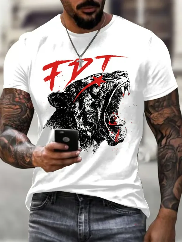 Men'S T-Shirt Men'S Vintage FDT Printed Casual Crew Collar T-Shirt Pure Cotton Short Sleeves