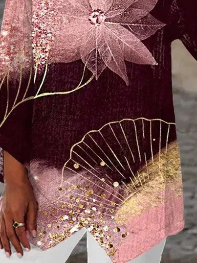 Women Asymmetrical 3/4 Sleeve Scoop Neck Floral Printed Graphic Top Dress