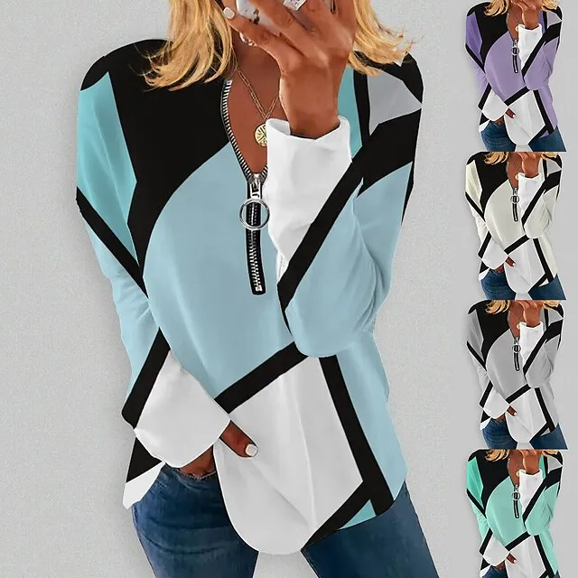 Women's Plus Size Sweatshirt Pullover Graphic Color Block Active Streetwear Quarter Zip Print White Blue Purple Daily Sports V Neck Long Sleeve Without Lining Micro-elastic Fall & Winter