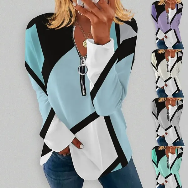 Women's Plus Size Sweatshirt Pullover Graphic Color Block Active Streetwear Quarter Zip Print White Blue Purple Daily Sports V Neck Long Sleeve Without Lining Micro-elastic Fall & Winter