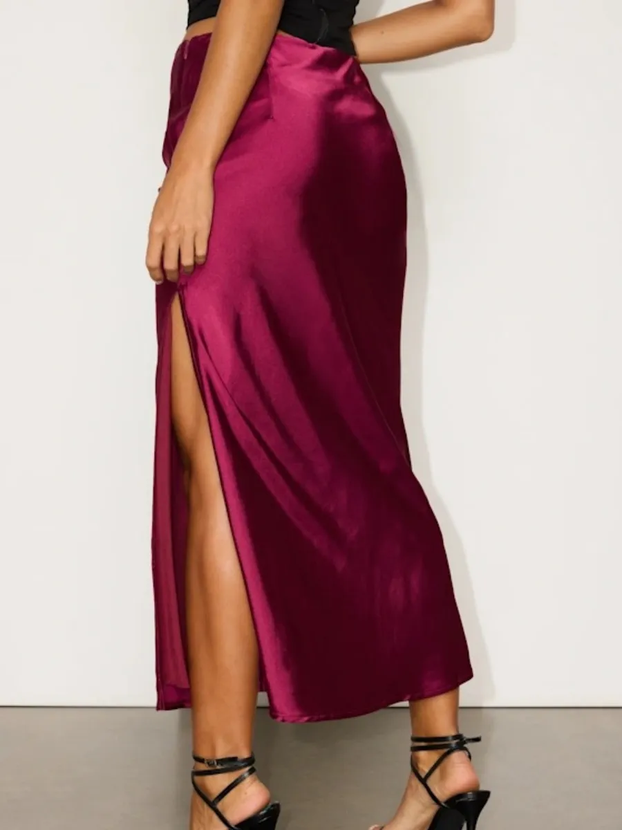 Satin Ruched Side Slit Skirt