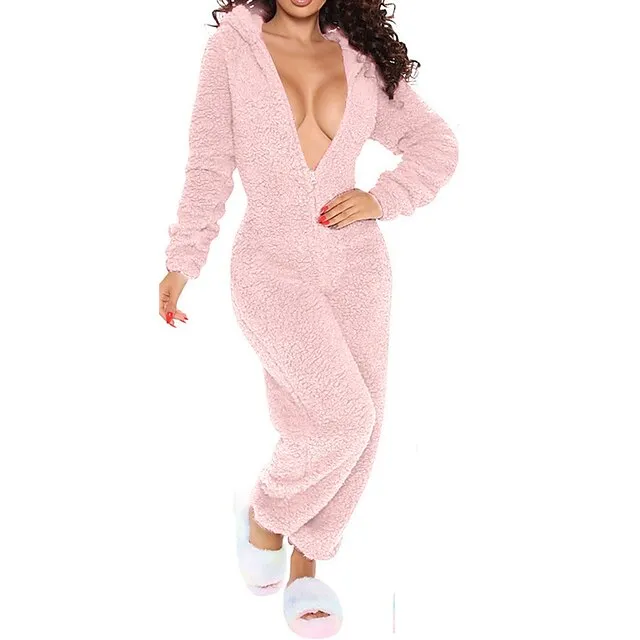Women's Plush Onesie Christmas Pure Color Warm Fashion Home Xmas Daily Bed Polyester Warm Hoodie Long Sleeve Hole Fall Winter Black Pink