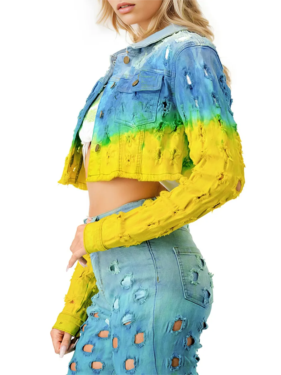 Ombre Blue - Green Cropped Denim Jacket