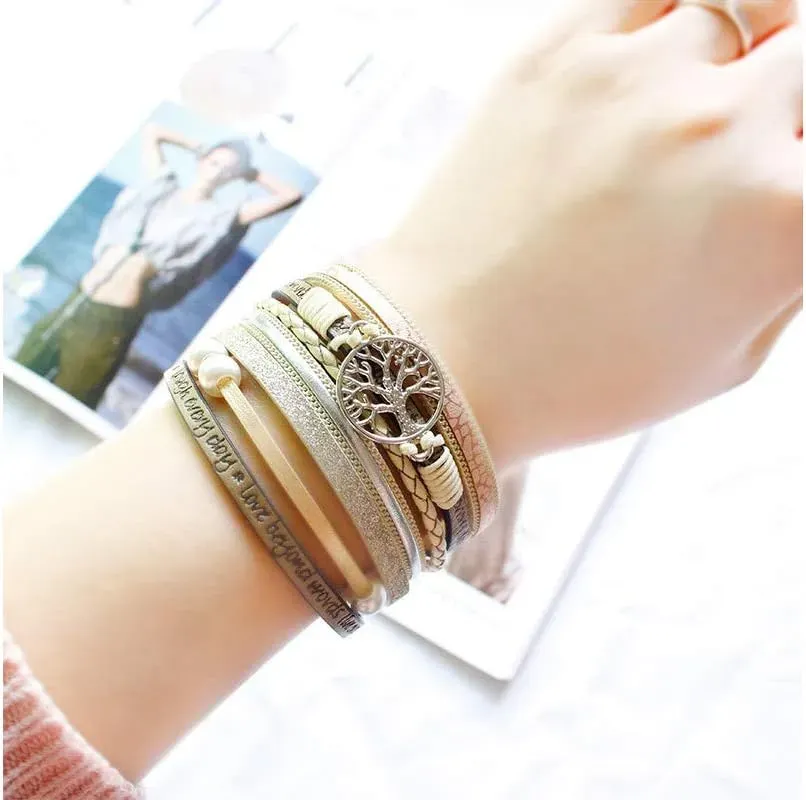 Fesciory Leather Wrap Bracelets for Women, Boho Leopard Multi-Layer Crystal Beads Cuff Bracelet Jewelry