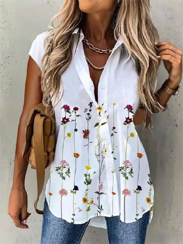 Women Short Sleeve Shirt Collar Floral Printed Graphic Button Top Shirts