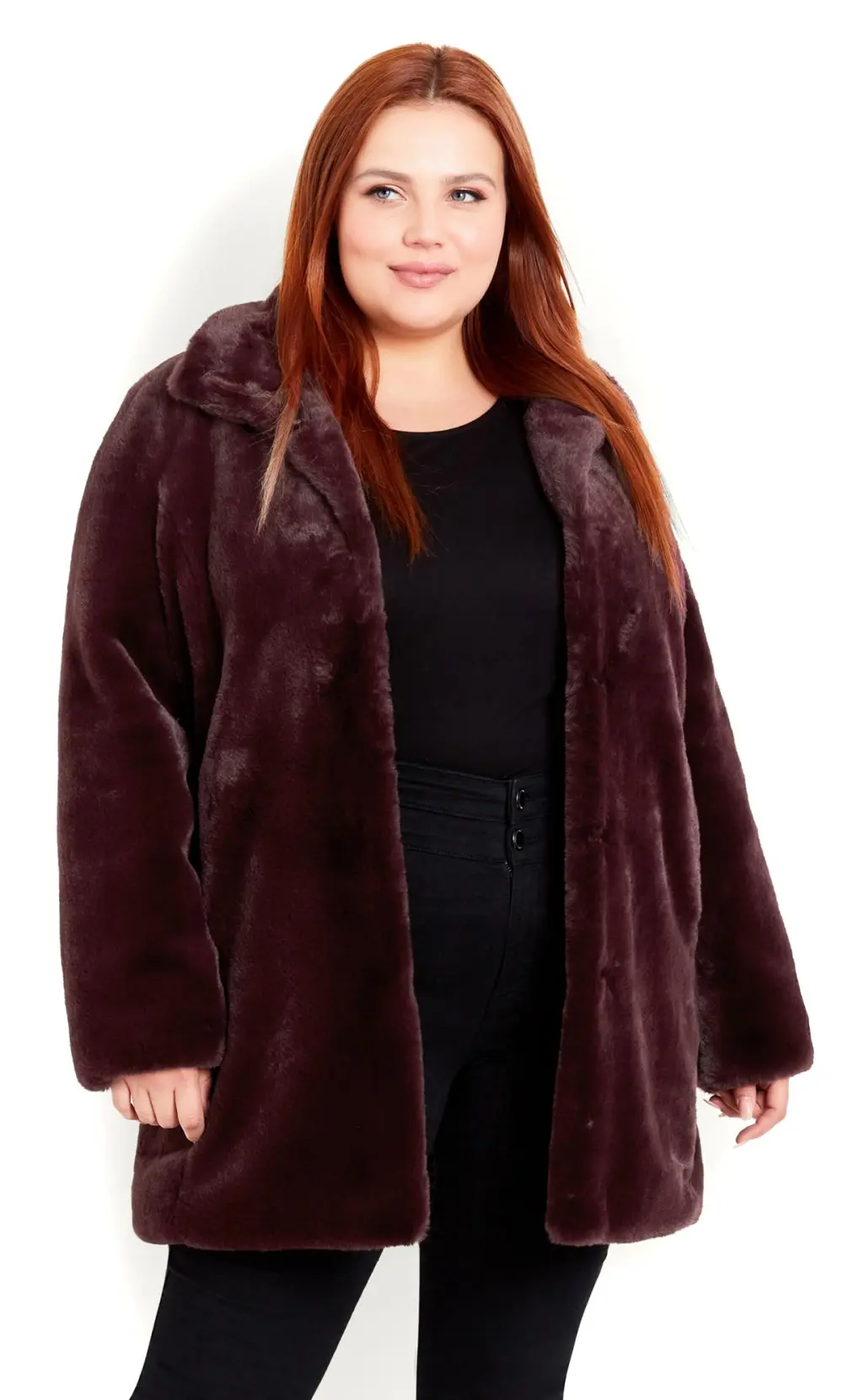 Evans Burgundy Red Faux Fur Coat