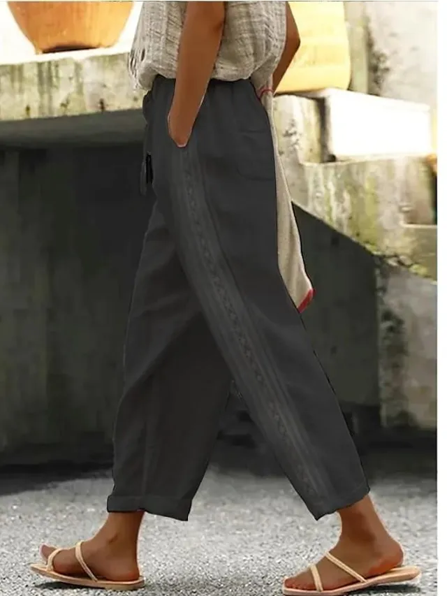 Women's Linen Pants Pants Trousers Baggy Faux Linen Plain Side Pockets Baggy Ankle-Length Fashion Casual Daily Black White S M