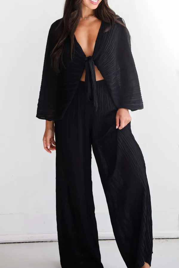 Sophisticated Step Black Pleated Tie-Front Blouse