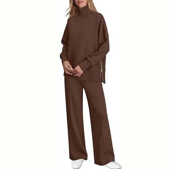 Women's 2-Piece Lounge Set 🧶 | Cozy Knit Turtleneck Top & Matching Pants Outfit