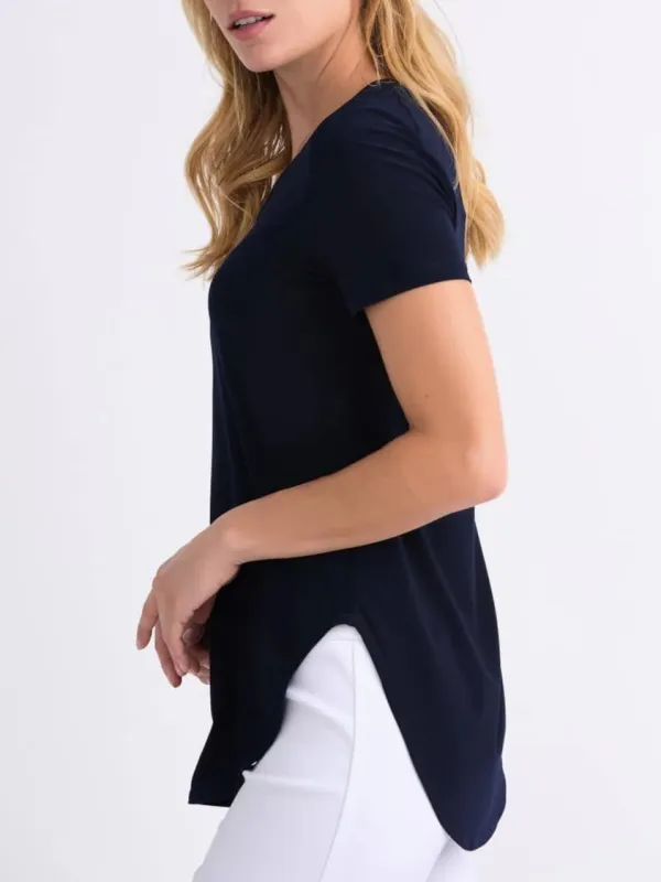 Navy Blue Curved - Hem Short - Sleeve Top