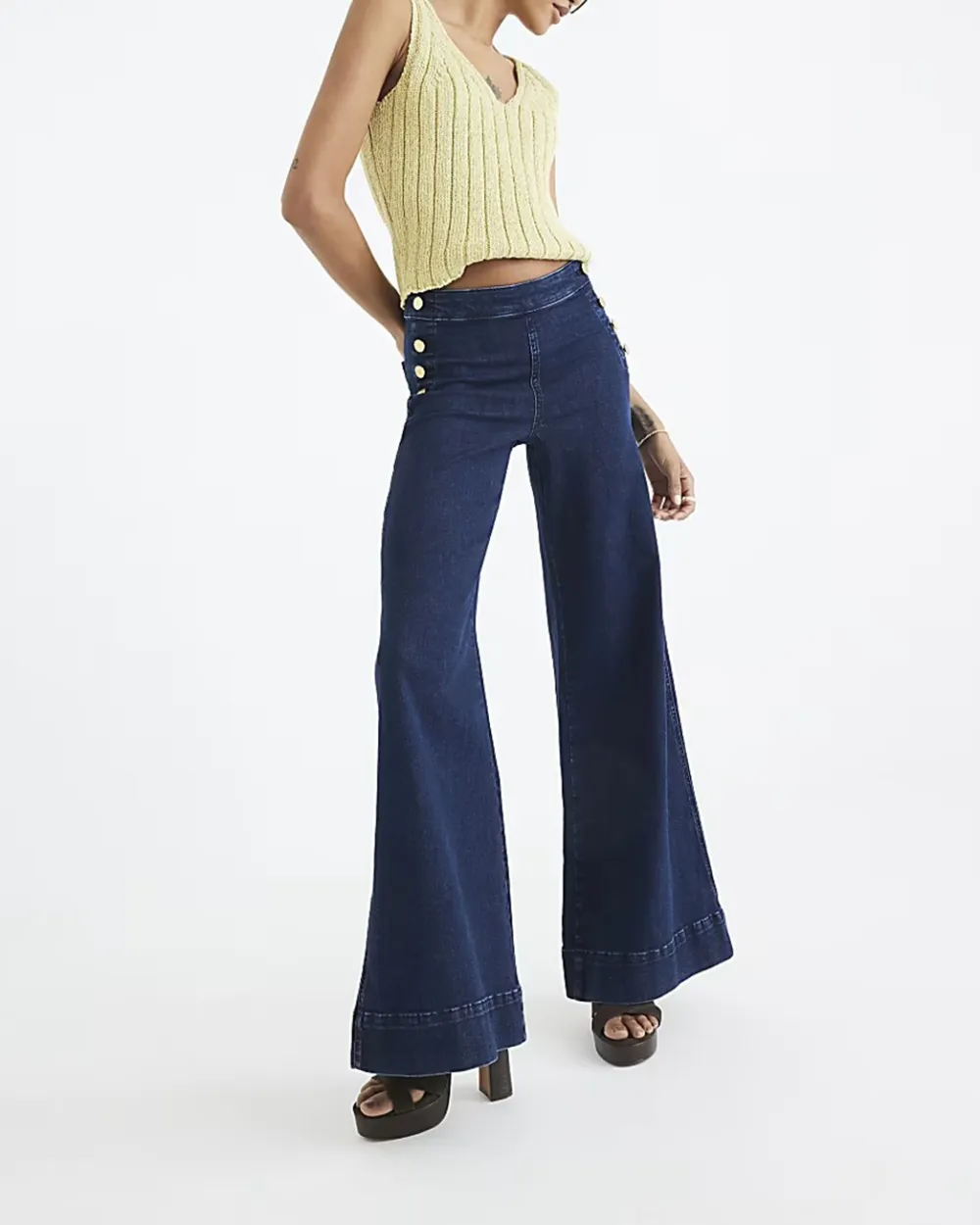 Button-Decorated High-Waisted Women's Bootcut Trousers