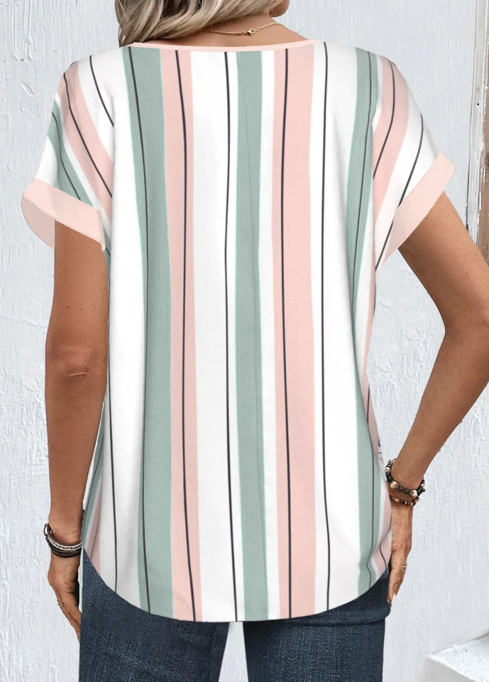 White Zipper Striped Short Sleeve Round Neck Blouse