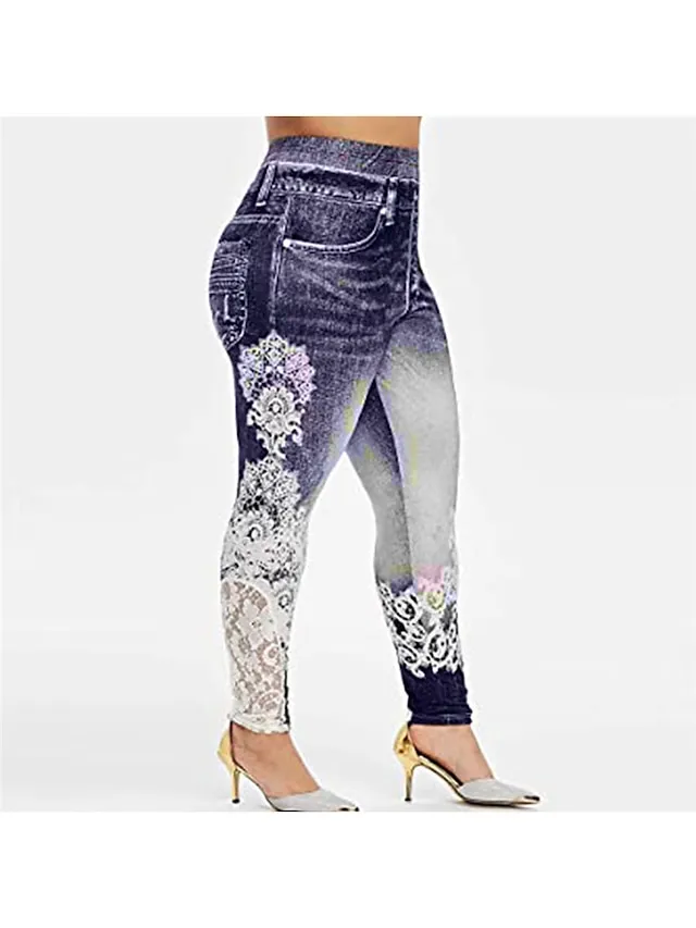 Women's Chinos Pants Trousers Leggings Full Length Faux Denim Lace Pocket Micro-elastic Streetwear Casual Daily Going out Black Pink L XL Fall Winter