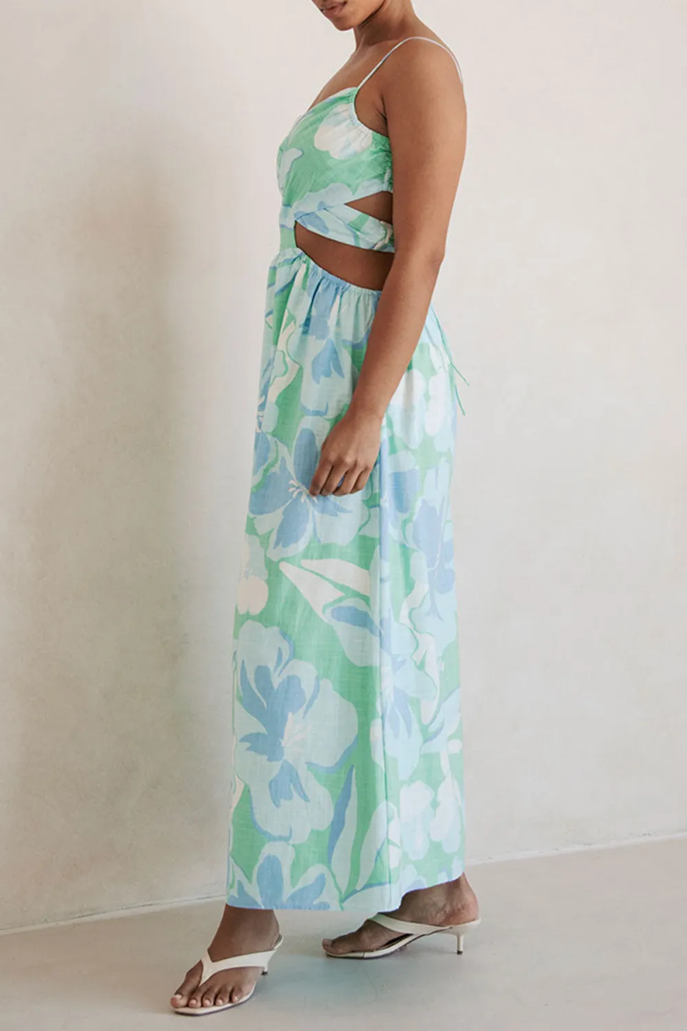 Floral Print Spaghetti Strap Cut Out Midi Dress