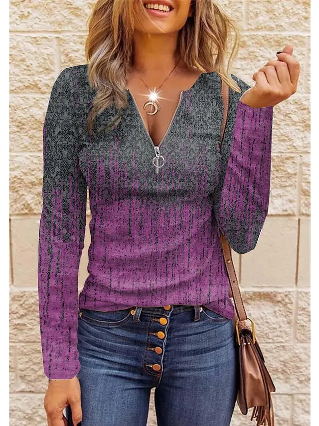Women's T shirt Tee Going Out Tops Red Blue Purple Graphic Quarter Zip Print Long Sleeve Daily Weekend Daily Basic V Neck Regular Fit Painting Fall & Winter