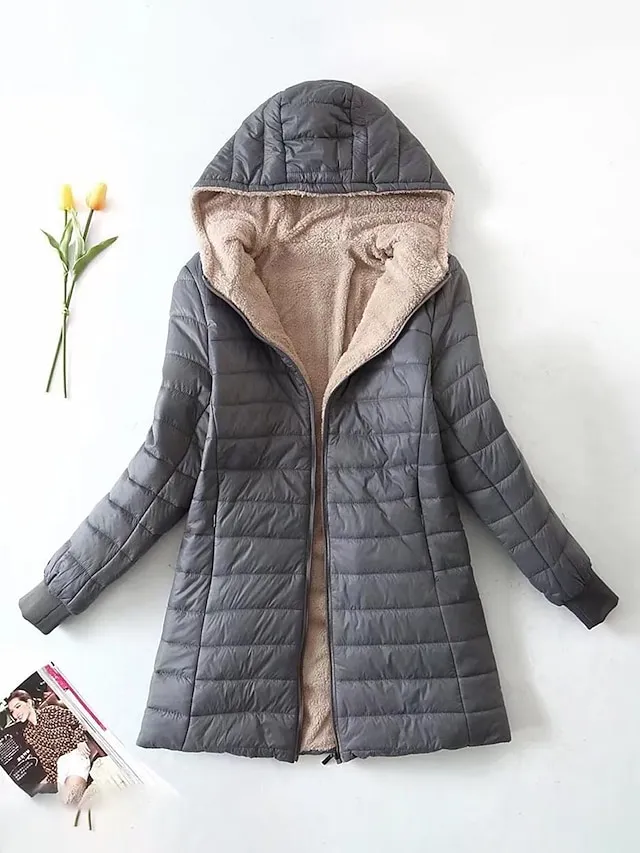 Women's Parka Quilted Coat Fleece Lined Sherpa Jacket Fall Long Coat Winter Puffer Jacket Windproof Warm Heated Coat Stylish Casual Jacket Long Sleeve Plain Full Zip Black