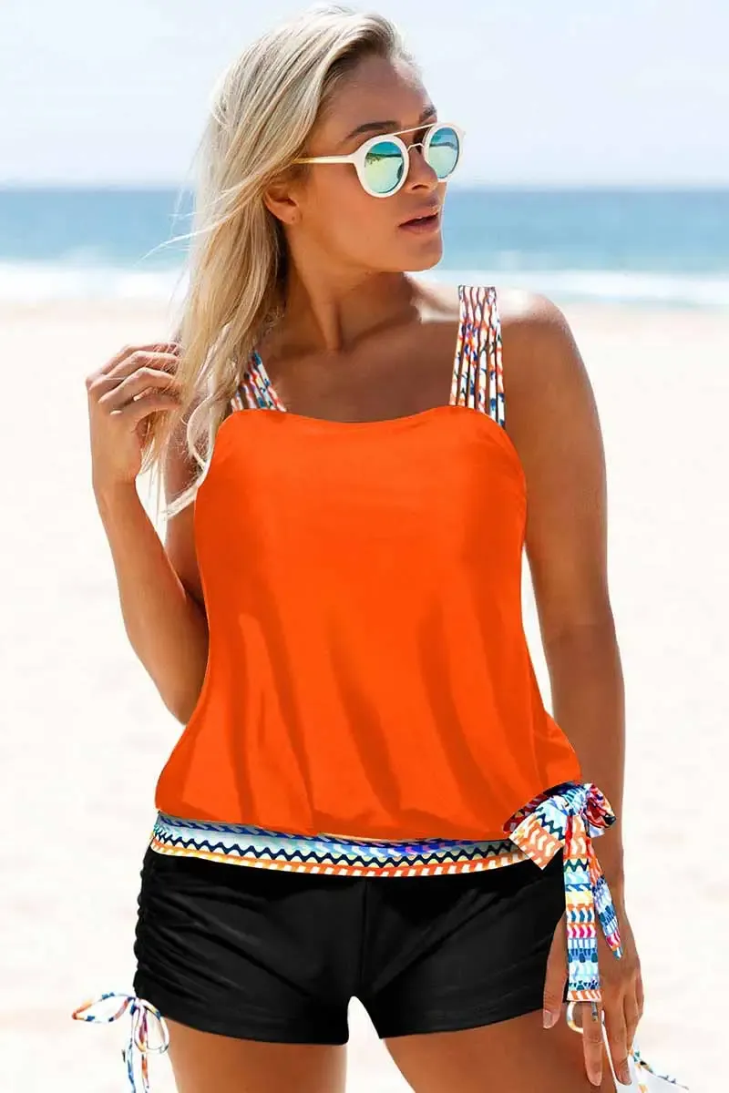 TRIBAL PRINT TIE SIDE CORAL ORANGE TANKINI SET