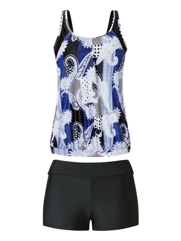 Vacation Ethnic Printing Scoop Neck Tankinis Two-Piece Set