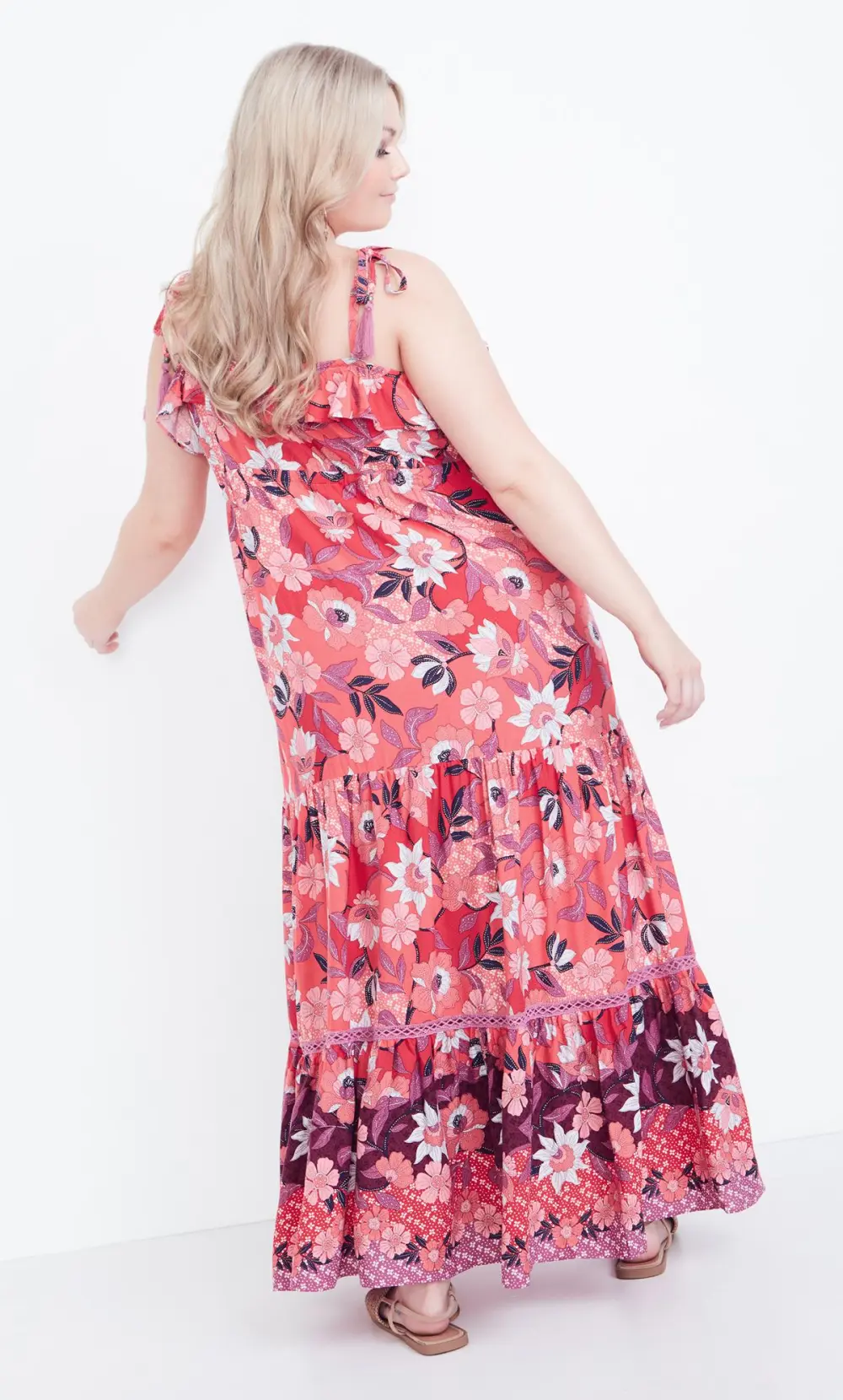 Evans Pink Floral Print Crochet Hem Midi Dress