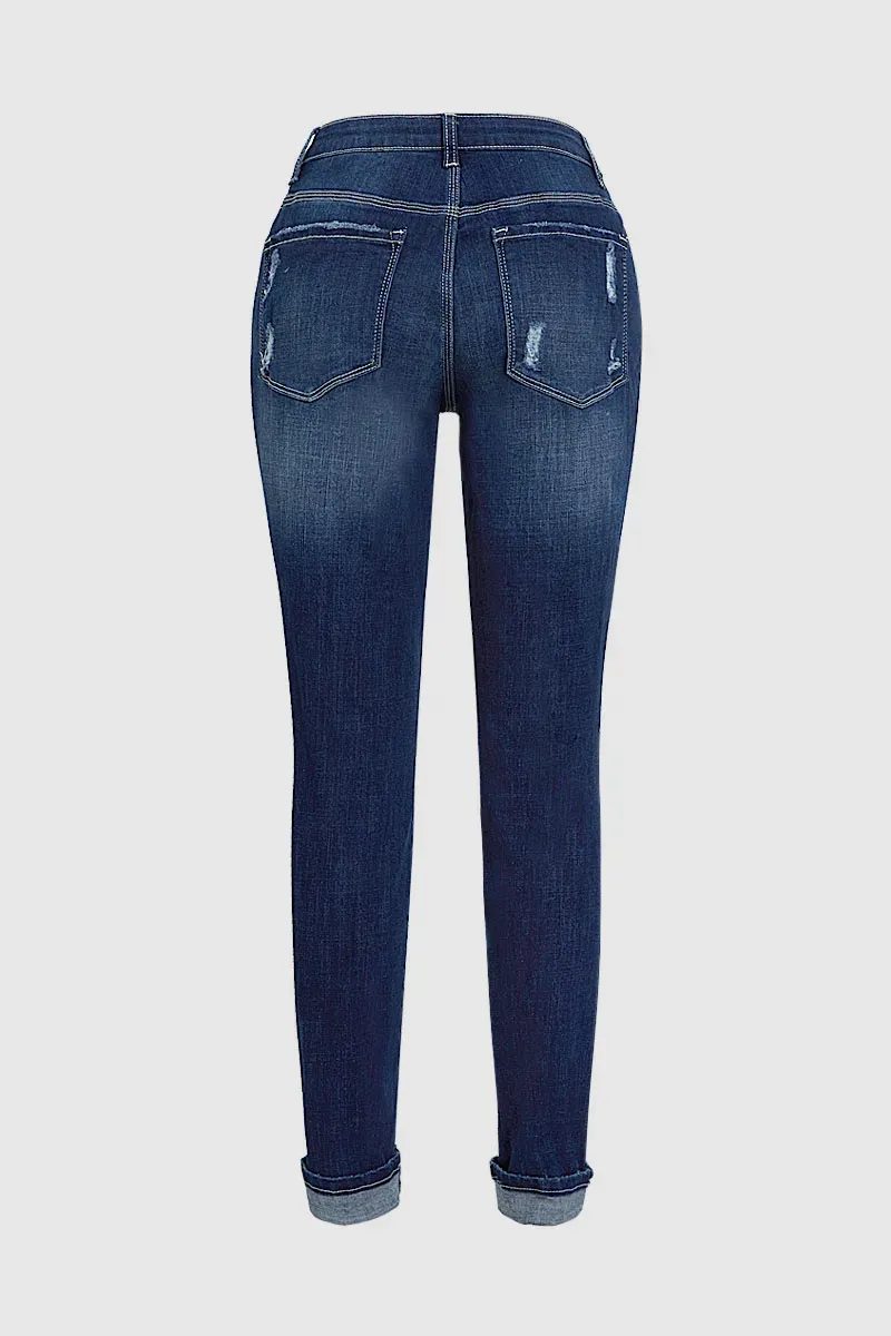 Multi Button Distressed Roll Up Hem Mid Waist Skinny Jeans