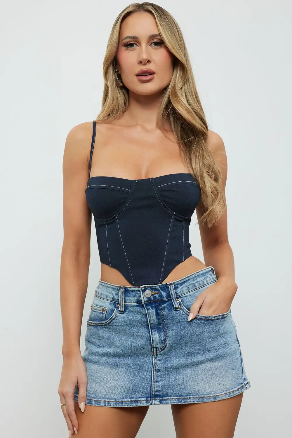 Carmen Knit Denim Corset Top - Navy