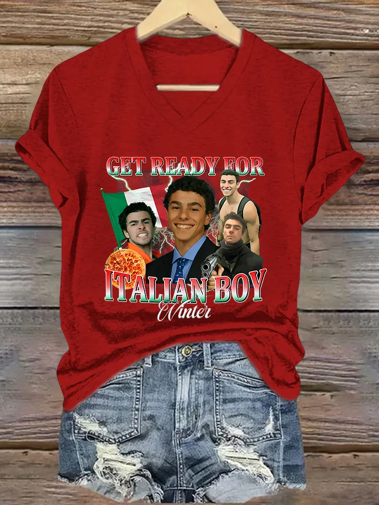 Women's Get Ready For Italian Boy Short Sleeves V-Neck Pure Cotton T-Shirt