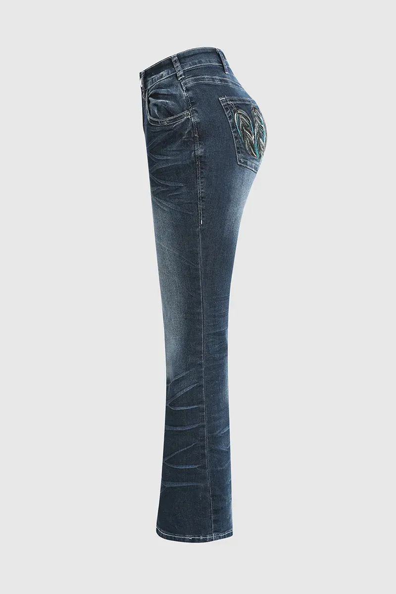 Mid Waist Pocket Straight Leg Jeans