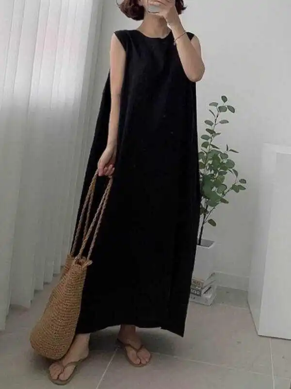 Casual Simple Solid Color Split-Side Round-Neck Sleeveless Midi Dress