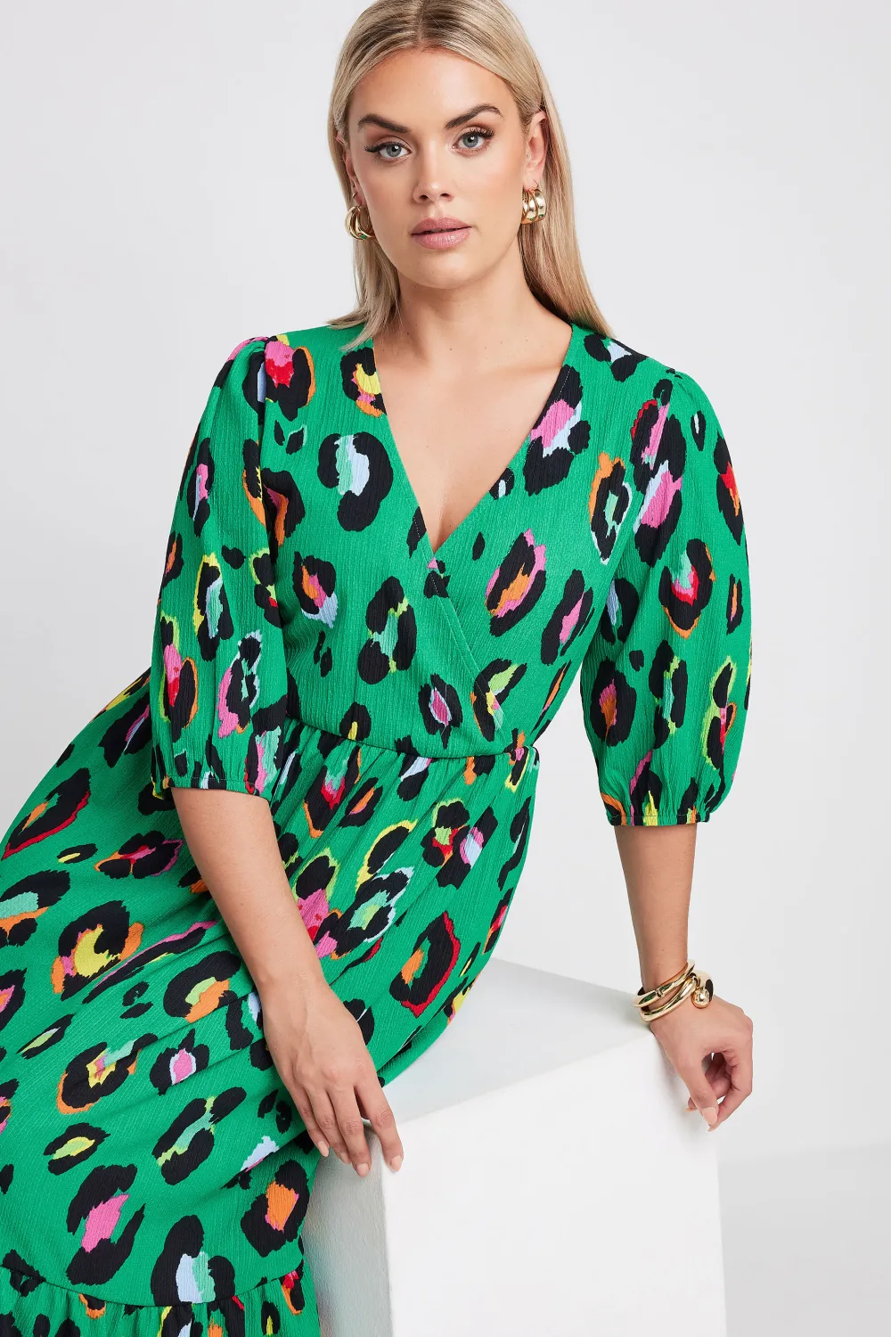 YOURS Curve Green Leopard Print Textured Wrap Dress