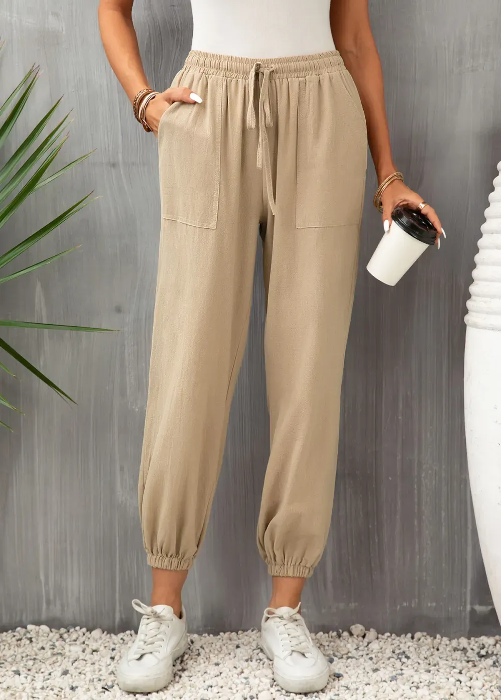 Light Camel Pocket Drawastring High Waisted Jogger Pants