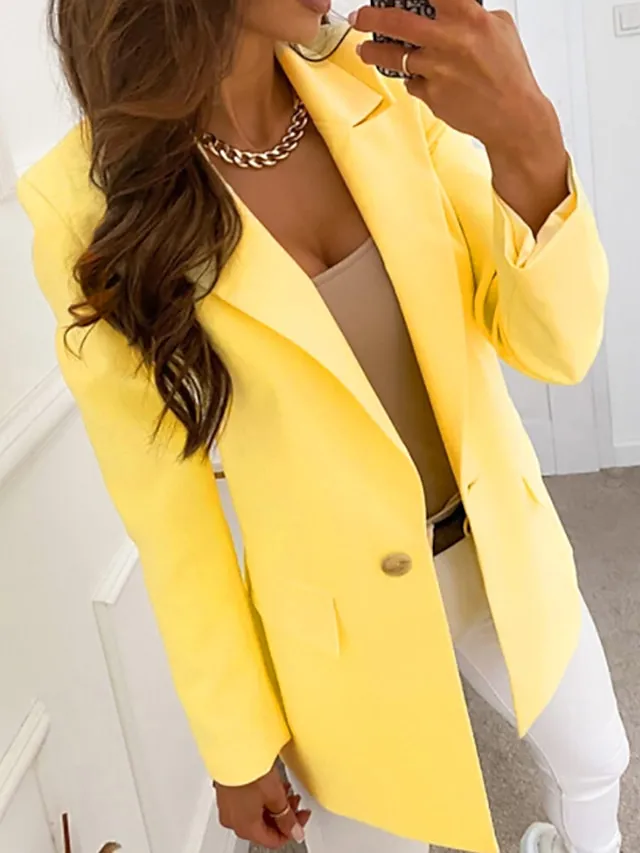 Women's Blazer Casual Jacket Office Work Casual Fall Spring Regular Coat Regular Fit Warm Casual Jacket Long Sleeve Solid Color Quilted Blue Pink Yellow