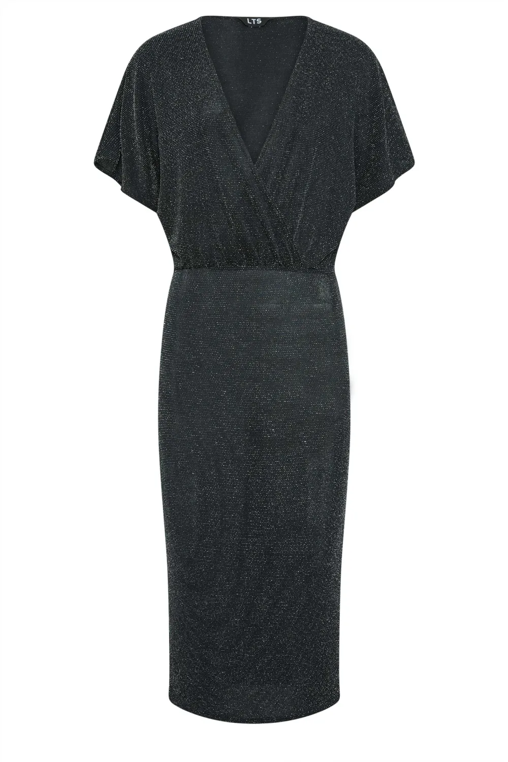 LTS Tall Black & Silver Glitter Midi Wrap Dress