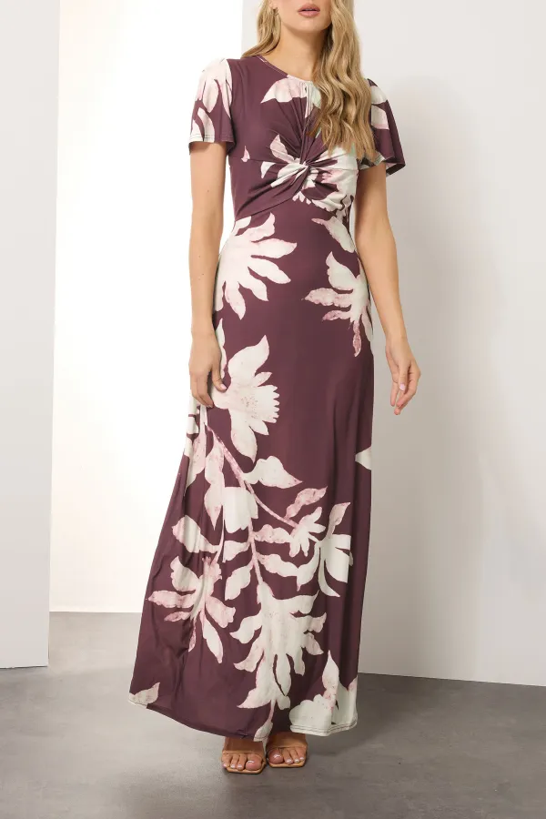 Scooped Neckline Red Floral Ruched Maxi Dress