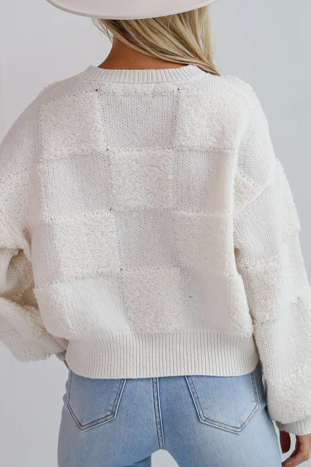 Cozy Effect Cream Checkered Fuzzy Knit Sweater