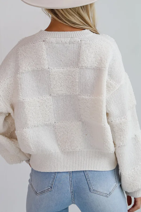 Cozy Effect Cream Checkered Fuzzy Knit Sweater