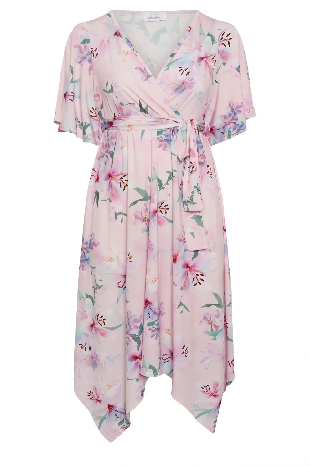 YOURS LONDON Curve Light Pink Floral Print Hanky Hem Wrap Dress