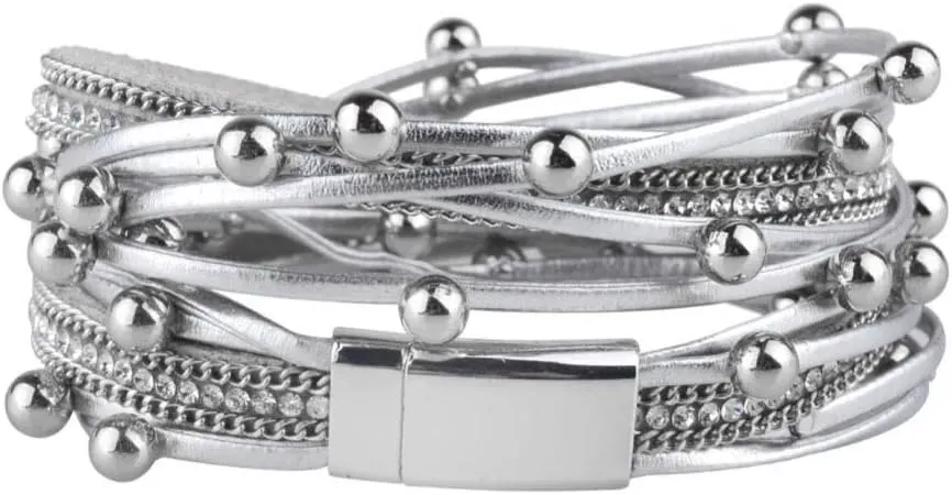 Fesciory Leather Wrap Bracelets for Women, Boho Leopard Multi-Layer Crystal Beads Cuff Bracelet Jewelry