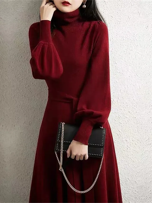 Women's Red Christmas Dress Sweater Dress Jumper Dress Midi Dress Warm Fashion Casual Plain Outdoor Christmas Daily Vacation Turtleneck Long Sleeve Lace up 2023 Regular Fit Black Wine Blue One Size