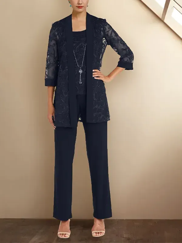 Round Neck Lace Sleeveless Vest Solid Color Top Trousers Three-piece Suit