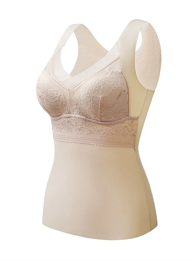 Women‘s Thermal Vest Underwear Built-in Bra Pure Color Warm Fashion Home Street Daily Polyester Warm Breathable Straps Sleeveless Fall Winter Black color