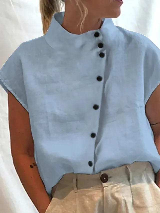 Women's Shirt Blouse Turtleneck shirt Plain Light Blue Black White Button Short Sleeve Casual Fashion Basic Elegant Standing Collar Regular Fit