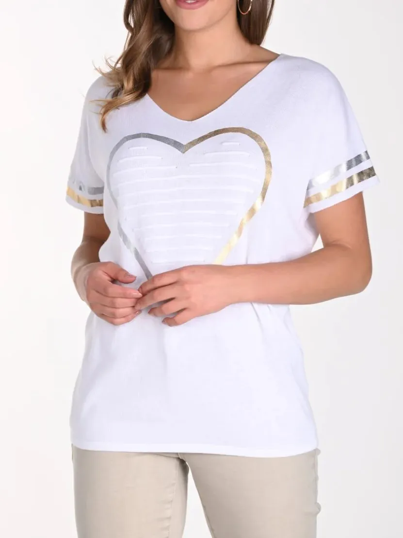 White Heart - Print V - Neck T - Shirt