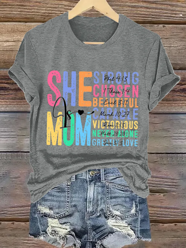 Women'S She Mum Strong Chosen Beautifyl Capable Victorious Never Alone Greatly Love Printed T-Shirt